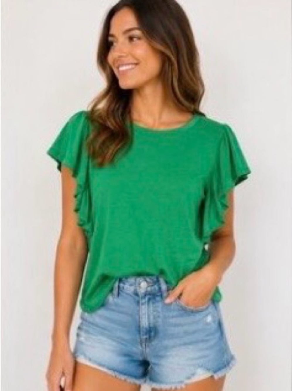 Zara Emerald Green Ruffle Sleeve Cotton Tee Size S
